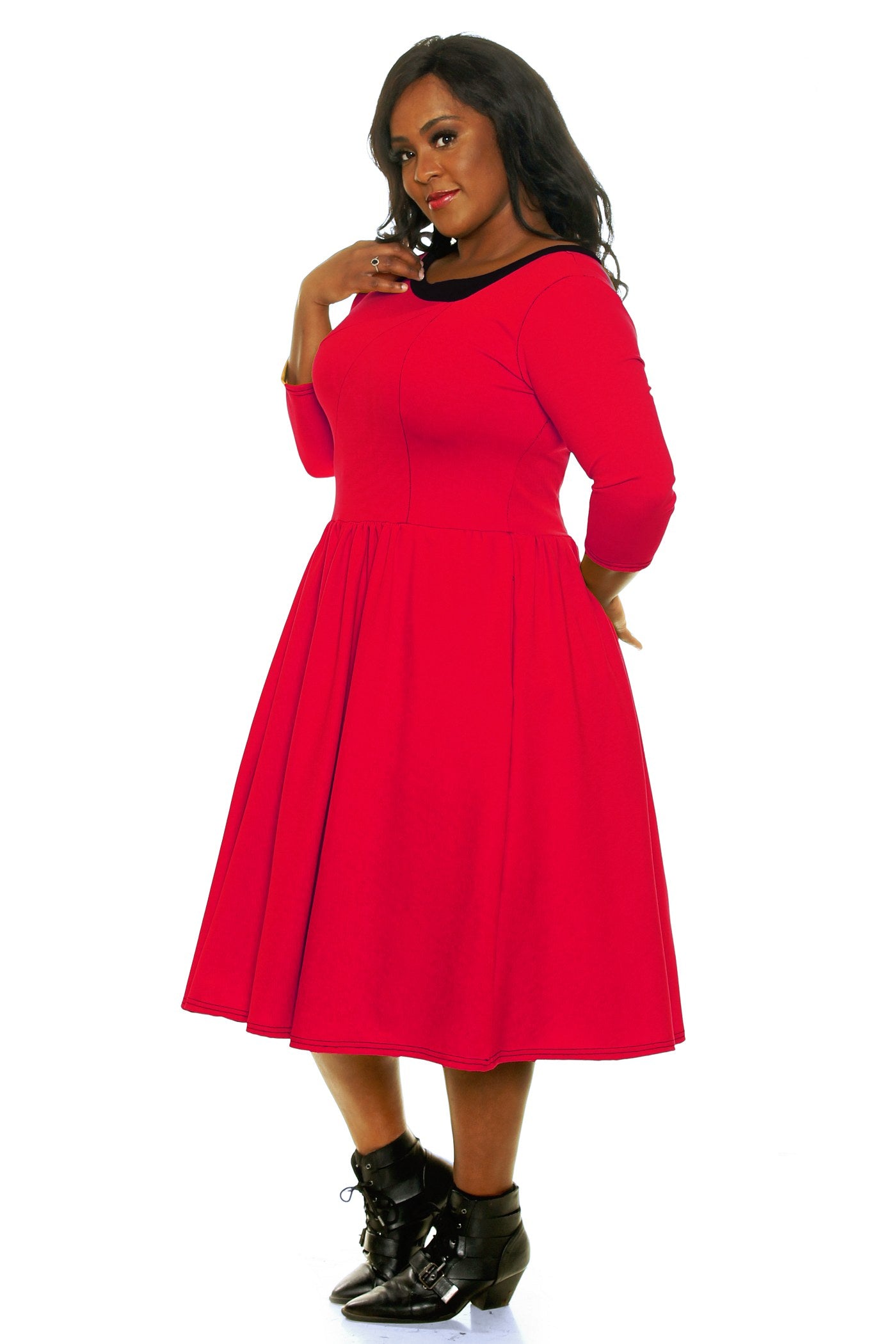 red swing dress Darcy Mini Dress-Red Multi has a chic square neckline Red Swing Dress