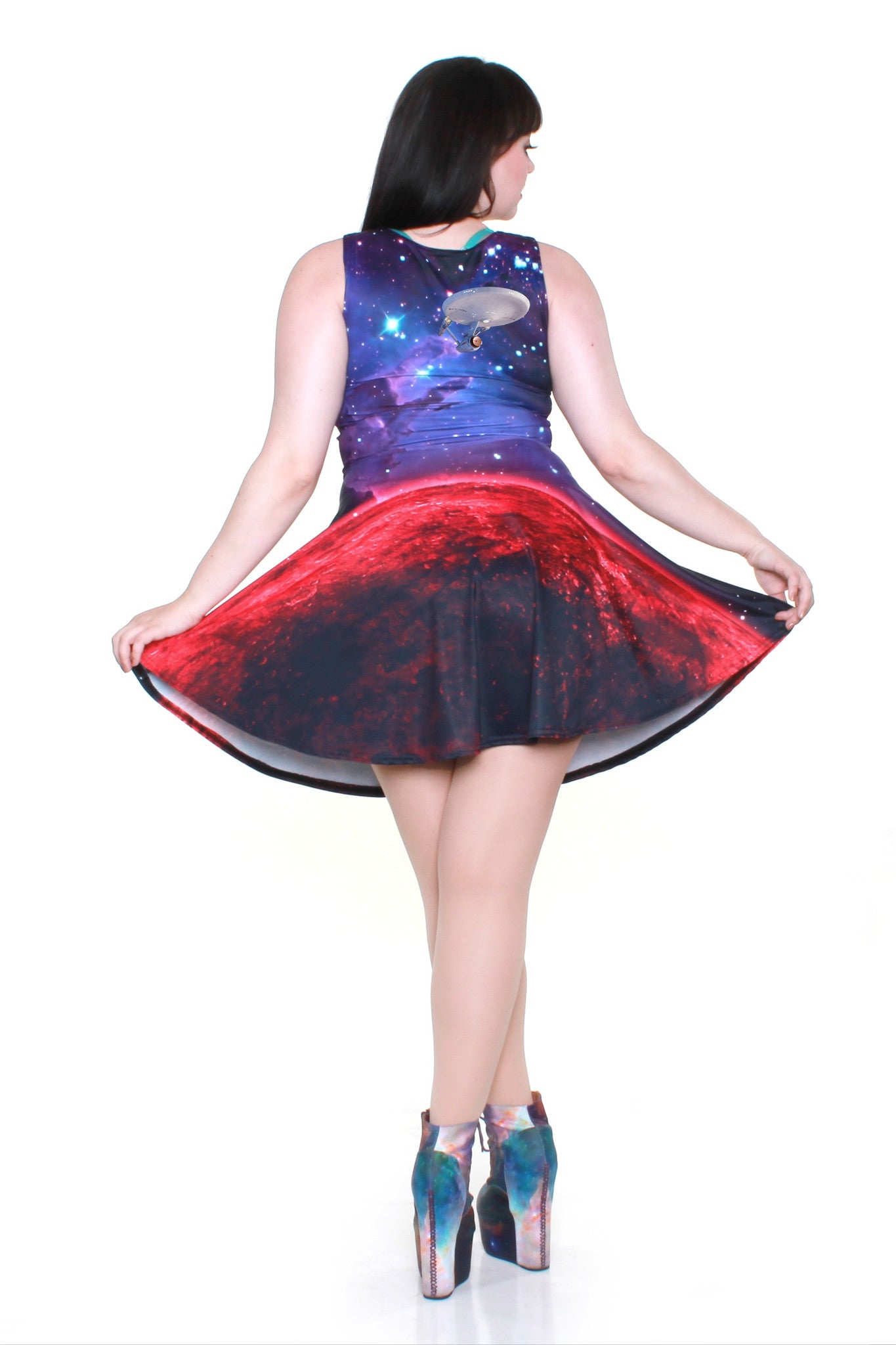skater dress galaxy Mega Huge Sharp Shoulder Galaxy Skater Dress Darted Pointy Sleeve Fit and Flare Dress
